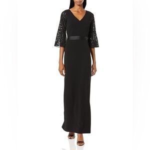 Calvin Klein Women's Sequined Lace Bell Sleeve Long Dress in black